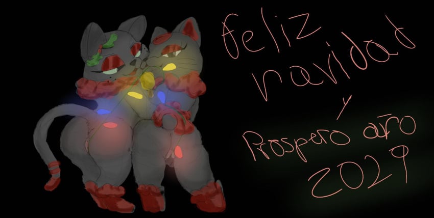 anus ass christmas christmas_lights clothing costume dandadan duo eyeshadow felid feline felis female feral genitals gloves handwear hi_res holidays junipurr makeup mammal pussy rear_view spanish_text srjakbee tail text turbo_granny_(dandadan) white_body