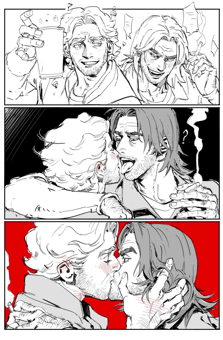 2males 3_panel_comic blush comic curly_(mouthwashing) drinking drunk gay hairy_hands jimmy_(mouthwashing) kissing male_focus male_only monochrome mouthwashing open_mouth safe sfw smoking spot_color stubble thick_eyebrows tipsy tongue_out yaoi