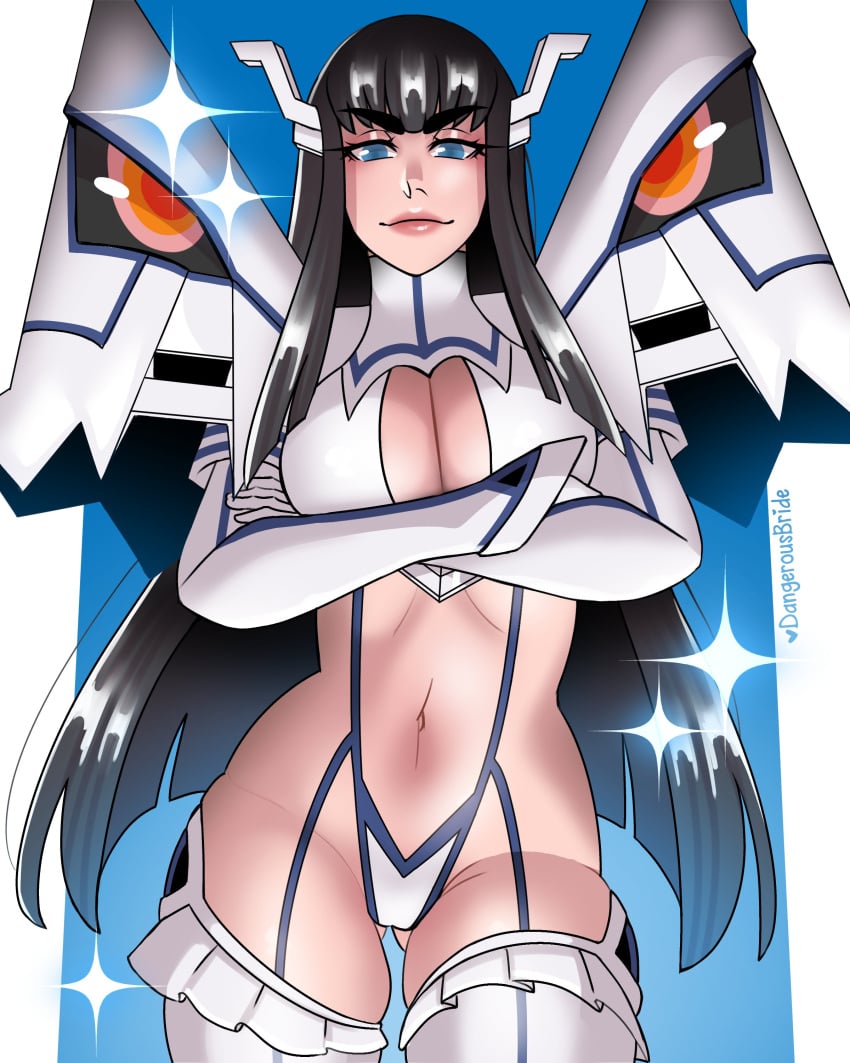 1girls black_hair blue_eyes crossed_arms dangerousbride female female_only inner_sideboob junketsu kill_la_kill kiryuuin_satsuki long_hair looking_at_viewer skimpy skimpy_clothes smiling smiling_at_viewer solo sparkles thick_eyebrows thick_thighs very_high_resolution