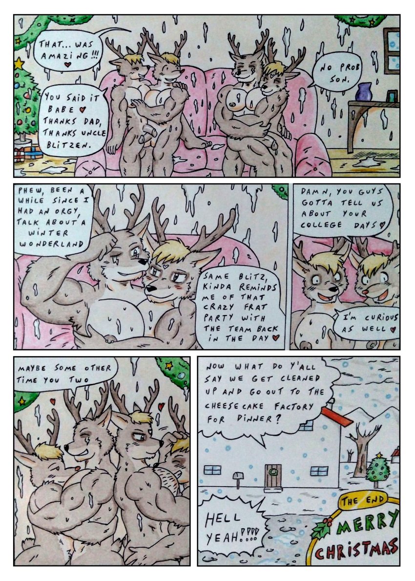 2024 absurd_res after_sex anthro antlers arrow_(rudolph) balls barazoku biceps big_muscles big_pecs black_nose blitzen blonde_hair blush blush_lines bodily_fluids body_hair brown_body brown_eyes brown_fur brown_nipples brown_penis building chest_hair christmas christmas_tree comic comic_panel cuddling cum cum_drip cum_on_ground cum_on_sofa cum_on_wall cupid_(reindeer) dashthefox deer dialogue dripping english_text face_on_chest fur furniture genital_fluids genitals hair hi_res holidays horn house hug humanoid_genitalia humanoid_penis incest_(lore) male mammal manly merry_christmas messy multicolored_body multicolored_fur muscular muscular_anthro muscular_arms muscular_male new_world_deer nipple_piercing nipple_ring nipples nude nude_anthro nude_male one_eye_closed pecs penis piercing plant red_nose reindeer ring_piercing rudolph_the_red-nosed_reindeer snow snowing snowing_outside sofa speech_bubble talking_to_another text traditional_media_(artwork) tree vase window wiping_sweat