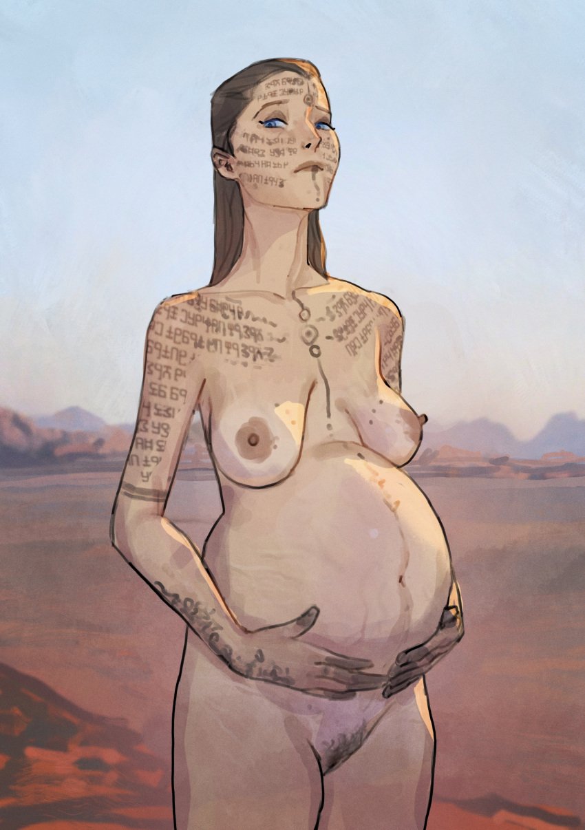 belly body_writing desert dune hygienic_cat lady_jessica long_hair medium_breasts nude outdoors pregnant sagging_breasts