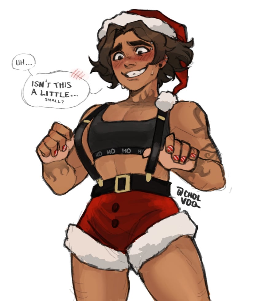 1other ambiguous_gender brown_eyes brown_hair buff cholvoq christmas christmas_outfit fully_clothed human muscular no_visible_genitalia overwatch overwatch_2 painted_nails santa_hat short_shorts solo tattoo venture