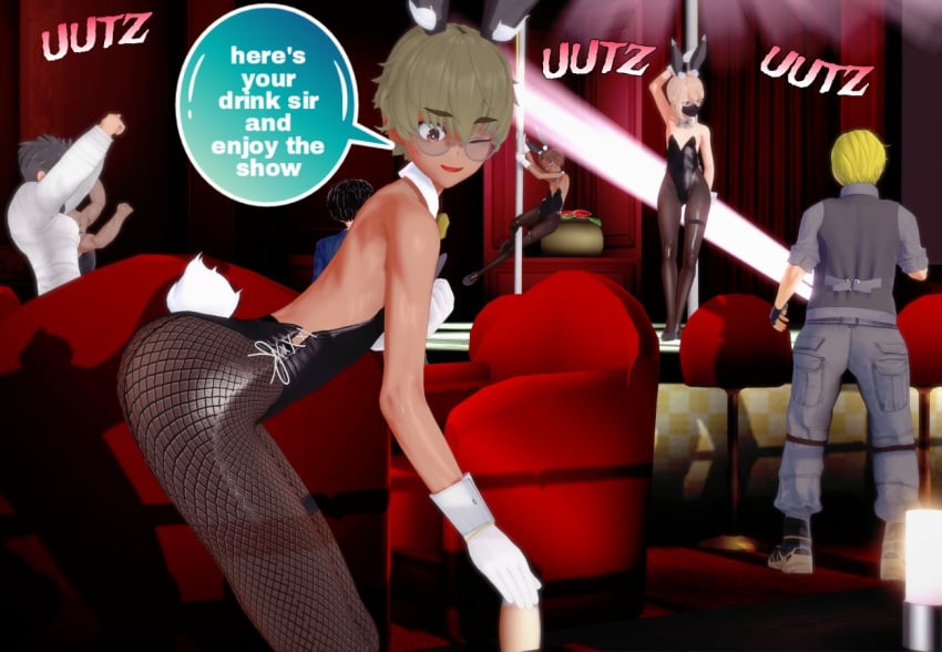 3d androgynous blonde_hair bunny_ears bunny_girl bunnysuit dark_skinned_femboy dialogue femboy feminine_male girly glasses male_focus male_only oc original_character pole_dancing soiacalmanienti