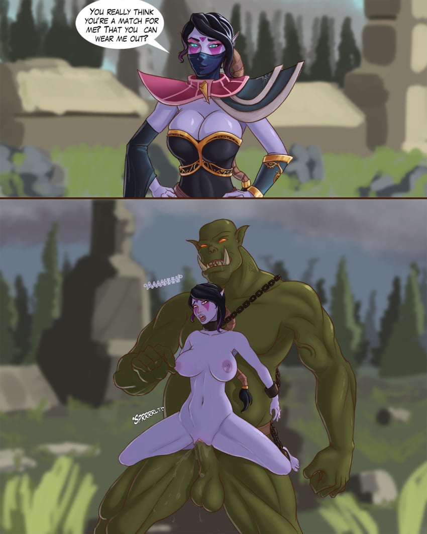 1boy 1girls 2017 2koma alternate_version_available arms_behind_back belly_riding big_dom_small_sub biting_lip black_hair bound_legs bound_wrists breasts chains cock_sleeve cocky collar defeated defiant dialogue dota dota_2 drow elf fanny_packing female femsub green_skin instant_loss instant_loss_2koma interspecies kataaoyoc lanaya larger_male leash leashed_to_genitals legs_held_open living_fleshlight living_sex_toy living_trophy maledom meat_shield monster nipple_tweak nipples orc orc_male penis pointy_ears purple_skin pussy rape restrained reverse_suspended_congress rolling_eyes sex_slave shackles size_difference smaller_female spread_legs stand_and_carry_position straight templar_assassin text vaginal_penetration valve