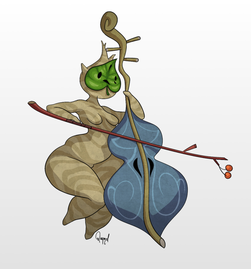 anthro anthrofied bass breasts featureless_breasts female flora_fauna instrument korok korok_female leaf makar mask musical_instrument nintendo nsfwquynzel nude plant rule_63 simple_background solo the_legend_of_zelda tree video_games white_background wind_waker wood