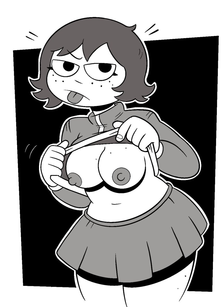 1girls breasts female freckles freckles_on_breasts freckles_on_face freckles_on_thighs jacket jacket_lift kim_pine monochrome mrboneskay partially_clothed presenting presenting_breasts scott_pilgrim short_hair skirt solo solo_female tongue_out