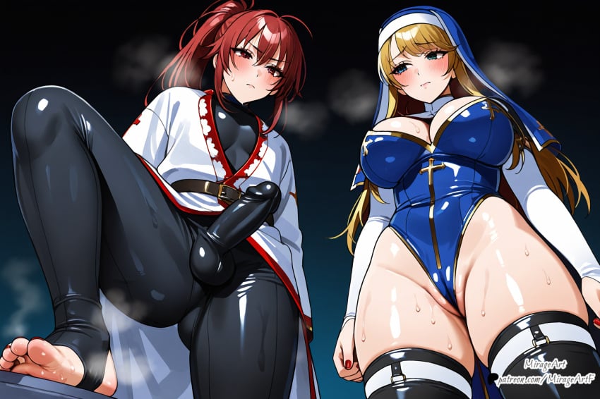 ai_generated ashikoki dominant_female erect_penis feet female female_on_top foot_fetish foot_focus footjob futanari looking_at_another looking_at_viewer looking_back looking_down mirageart nun nun's_habit nun_habit nun_hat nun_outfit toenail_polish