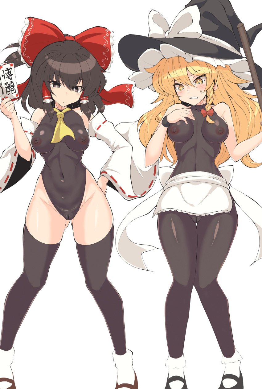 2girls absurdres apron ascot ass_visible_through_thighs back_bow bar_censor bare_shoulders black_eyes black_footwear black_hair black_hat black_thighhighs blonde_hair bobby_socks bodystocking bow braid breasts breasts_apart bright_pupils broom censored clenched_teeth closed_mouth commentary_request covered_navel covered_nipples covered_pussy detached_sleeves embarrassed expressionless frilled_bow frills hair_tubes hairbow hakurei_reimu hand_on_own_chest hand_on_own_hip hand_up hat hat_bow hat_ribbon highres holding holding_broom kirisame_marisa knees_together_feet_apart legs_apart light_blush long_hair looking_down medium_breasts medium_hair multiple_girls ofuda ponytail red_bow red_footwear red_ribbon ribbon ribbon-trimmed_sleeves ribbon_trim rnt_(251139) single_braid slit_pupils socks standing sweatdrop teeth thighhighs touhou white_apron white_background white_bow white_pupils white_ribbon white_sleeves wide_sleeves witch_hat wristband yellow_ascot yellow_eyes