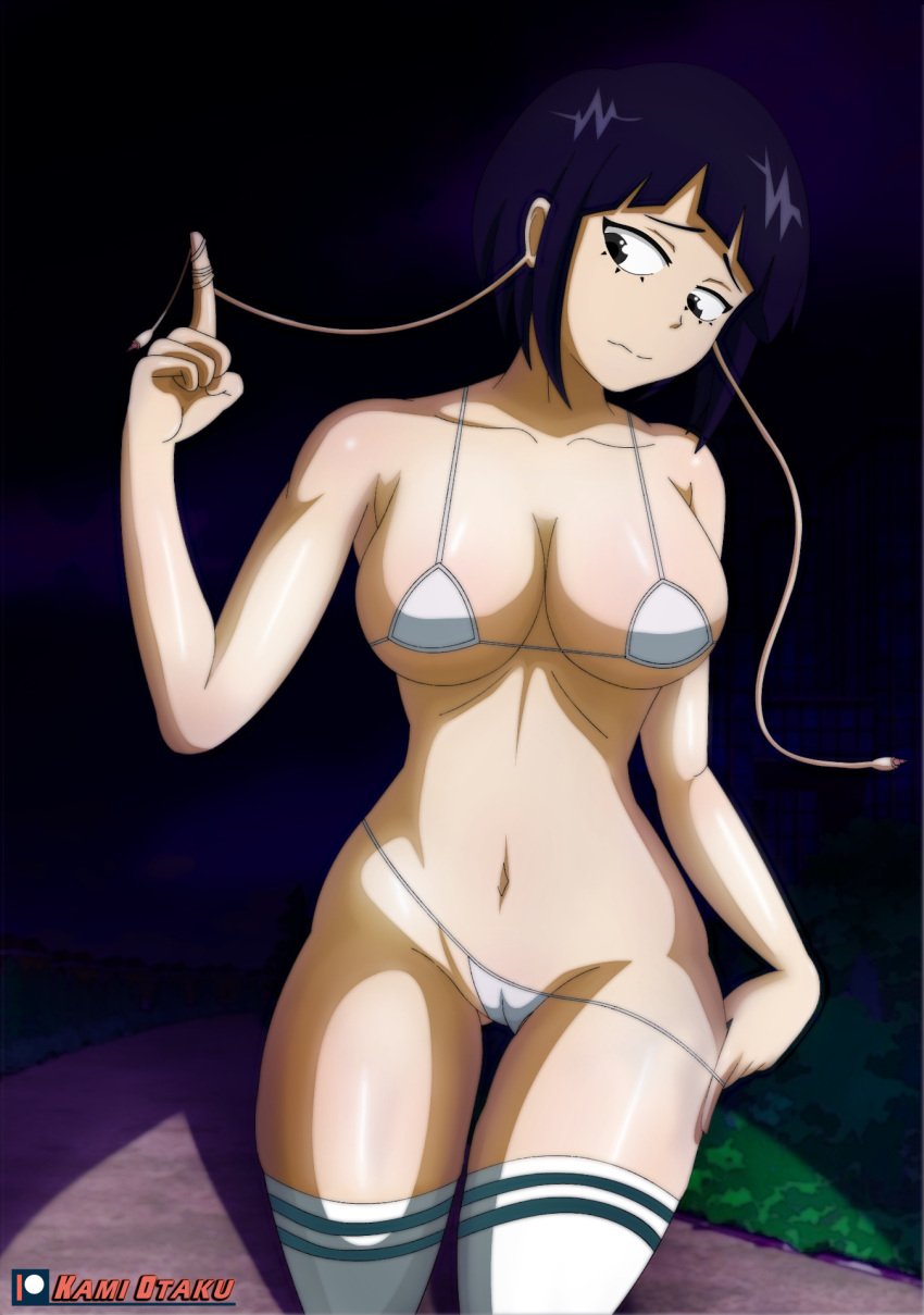 bikini busty curvy kami_otaku kyoka_jiro micro_bikini midriff my_hero_academia perky_breasts stockings string_bikini thick_thighs white_bikini white_bikini_bottom white_bikini_top