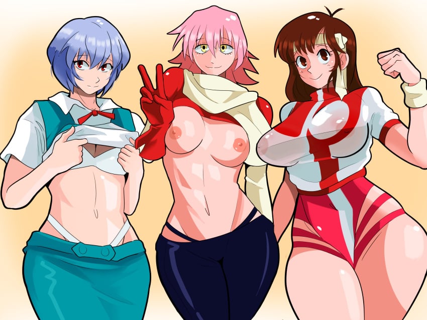 3girls breasts_out crossover female female_only flcl gunbuster haruko_haruhara looking_at_viewer neon_genesis_evangelion noriko_takaya pepperoni_ravioli pink_hair rei_ayanami smile standing undressing