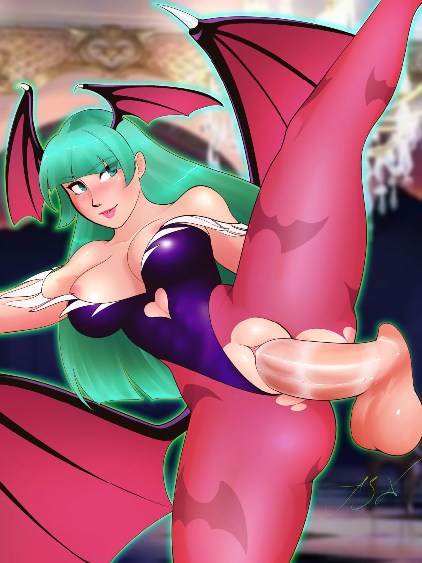 applespicex ballerina_position big_breasts cum_in_pussy cum_inside cumshot darkstalkers fit_female fully_clothed leg_lift leg_up morrigan_aensland muscular_female nipple_slip panties_aside ripped_clothing ripped_pantyhose thick_thighs