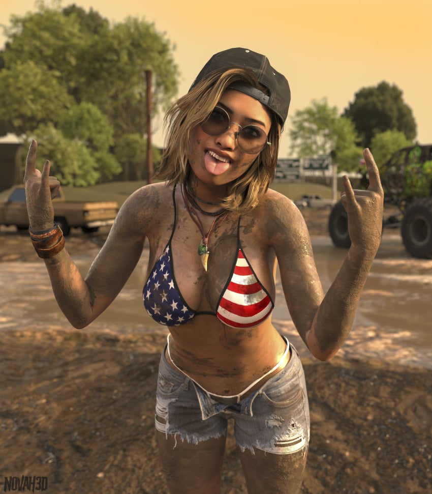 3d 3d_(artwork) 3d_render backwards_baseball_cap bikini bra breasts call_of_duty call_of_duty_black_ops_6 call_of_duty_zombies cap grand_theft_auto grand_theft_auto_vi jean_shorts jorts looking_at_viewer maya_aguinaldo mud mud_girl_(gta_vi) mud_pit muddy navel necklace novah3d shades shorts sunglasses thong thong_bikini tongue tongue_out