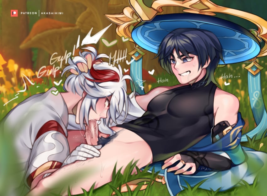 2boys absurdres akaihimi bandaged_arm bandaged_hand bandages black_bodysuit black_pubic_hair blush bodysuit bottomless covered_pectorals detached_sleeves drooling ear_blush erection fellatio gay gay_blowjob gay_male gay_sex genshin_impact hat heart highres kaedehara_kazuha leg_hair looking_at_another male male/male male_focus male_only moaning multiple_boys multiple_males oral patreon_logo patreon_username pectorals penis red_hair scaramouche_(genshin_impact) short_hair sleeveless tears veins veiny_penis wanderer_(genshin_impact) white_hair yaoi