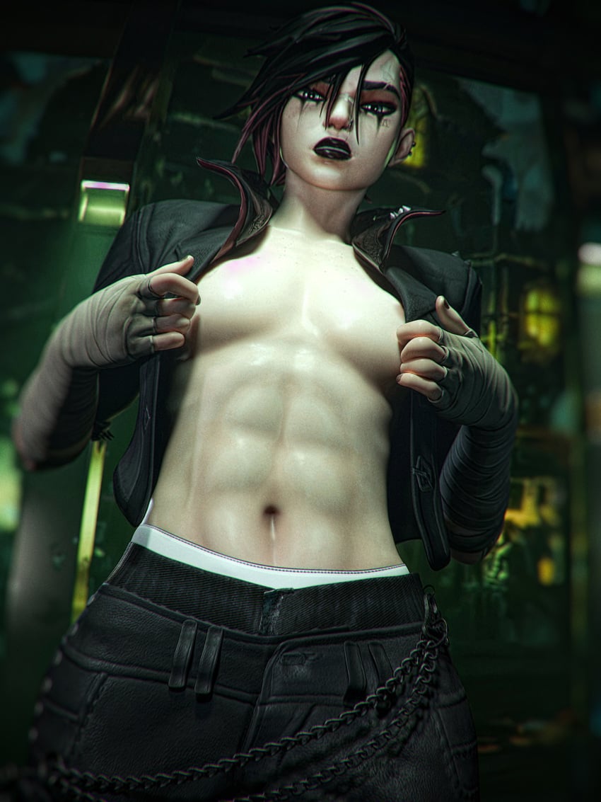 1girls abs arcane arcane_brawler_vi arcane_vi bandage bandaged_arm black_hair black_lipstick breasts checkpik face_tattoo female female_only goth grey_eyes jacket league_of_legends looking_at_viewer looking_down makeup multicolored_hair muscular muscular_female piercing red_hair riot_games short_hair tattoo underwear undressing vi vi_(league_of_legends)