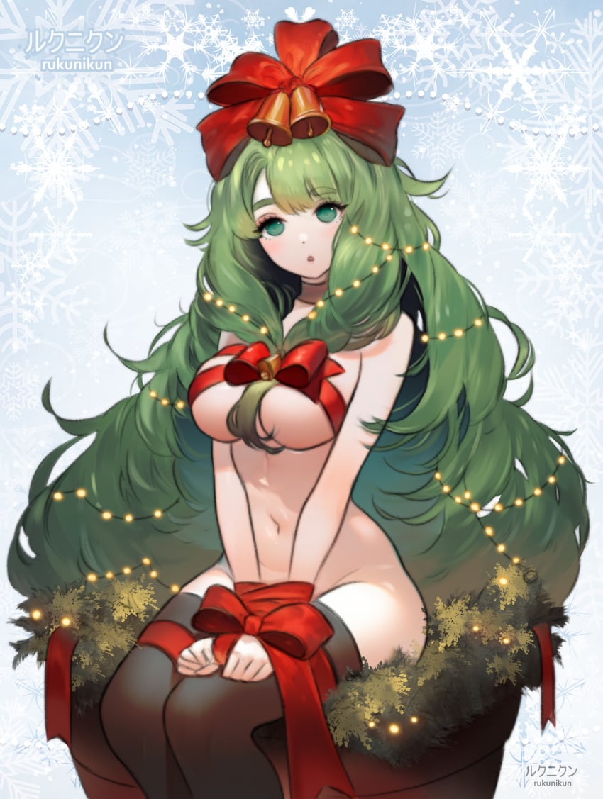 @_@ absurdres bell black_thighhighs blurry bound bound_wrists breasts check_commentary christmas christmas_lights commentary_request dot_nose english_commentary female flower_pot green_eyes green_hair hair_bell hair_ornament hair_ribbon hands_on_own_knee highres hypnosis kagiyama_hina leaf long_hair low-tied_sidelocks medium_breasts messy_hair mind_control mixed-language_commentary nude open_mouth paid_reward partial_commentary patreon_reward red_ribbon redrawn restrained ribbon rukunikun signature sitting snowflake_background solo swept_bangs thighhighs touhou very_long_hair