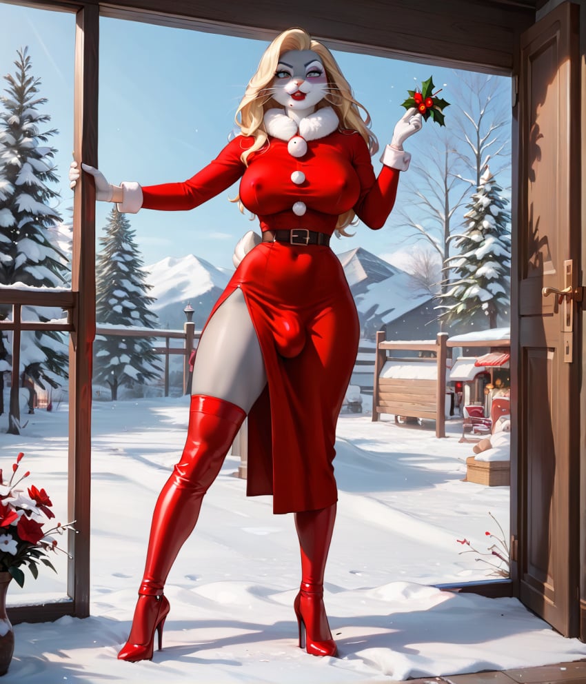 ai_generated blonde_female bugs_bunny bulging_breasts christmas christmas_clothing christmas_outfit furry looney_tunes red_clothing red_lipstick rule_63 sexy.ai tight_clothing