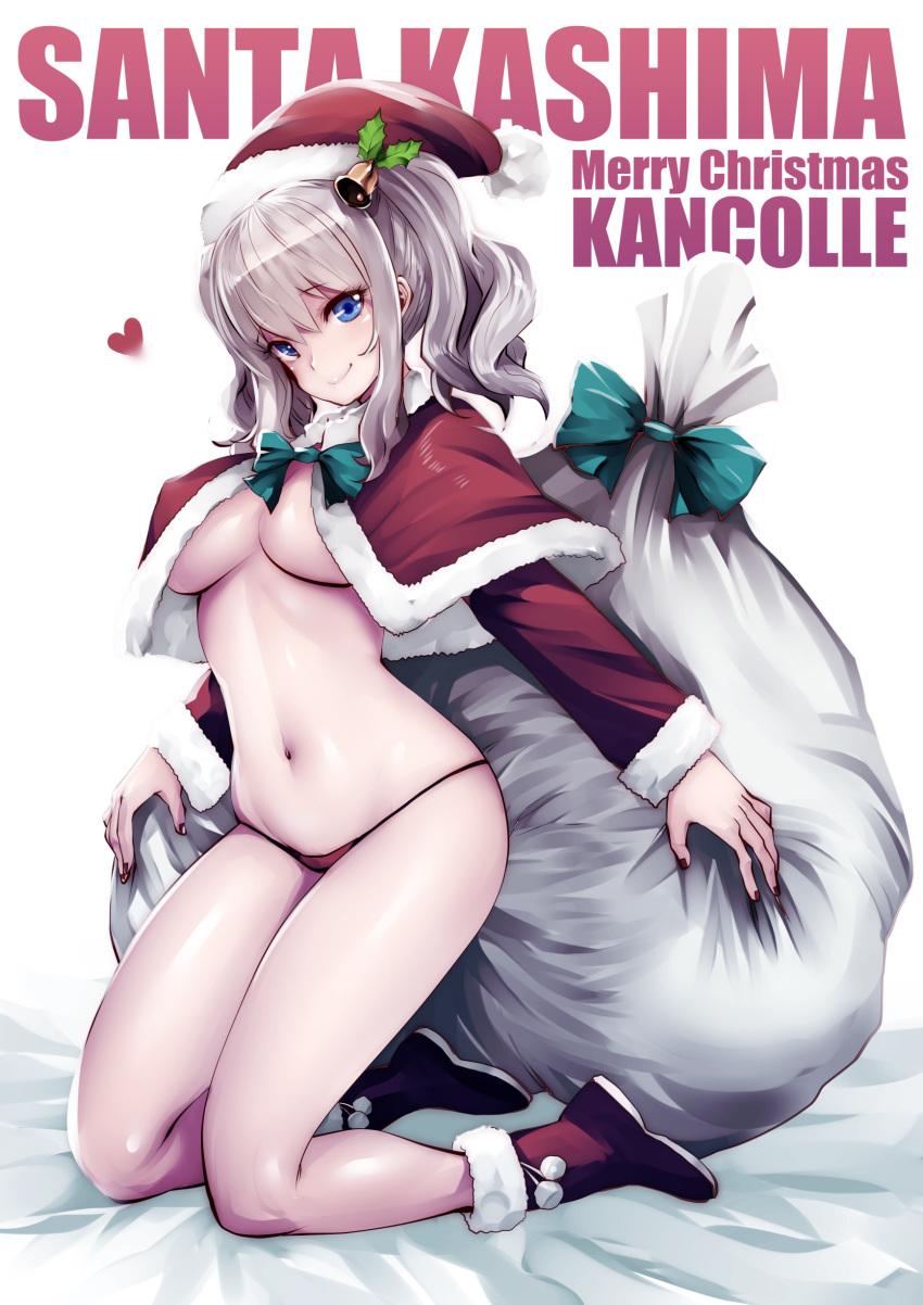 bed_sheet blue_eyes blush boots breasts capelet christmas christmas_outfit erect_nipples erect_nipples_under_clothes female female_only hat high_resolution kantai_collection kashima_(kantai_collection) kneeling lingerie long_sleeves looking_at_viewer medium_breasts merry_christmas micro_panties navel nipples no_bra pantsu red_boots red_footwear red_panties revision ribbon sack santa_hat short_hair smile solo souryu tied_hair twintails underboob underwear very_high_resolution wavy_hair