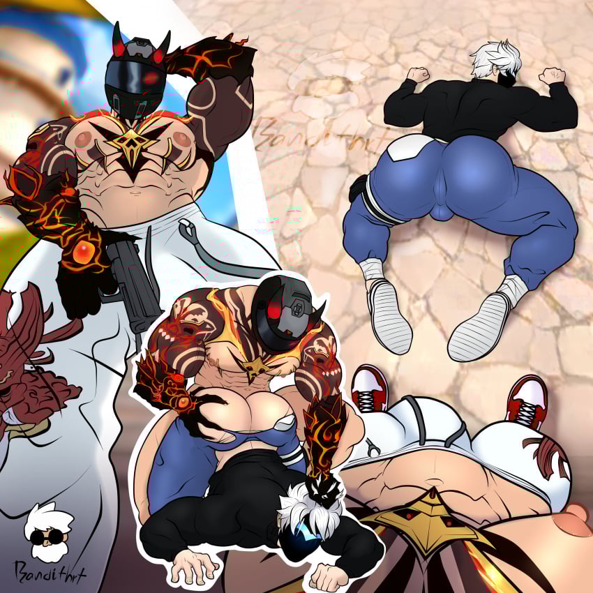 bandithrt big_ass big_balls big_breasts dominant dominant_male domination free_fire gay gay_sex helmet male_only manly masked_male muscular_male penetration tattoo white_hair