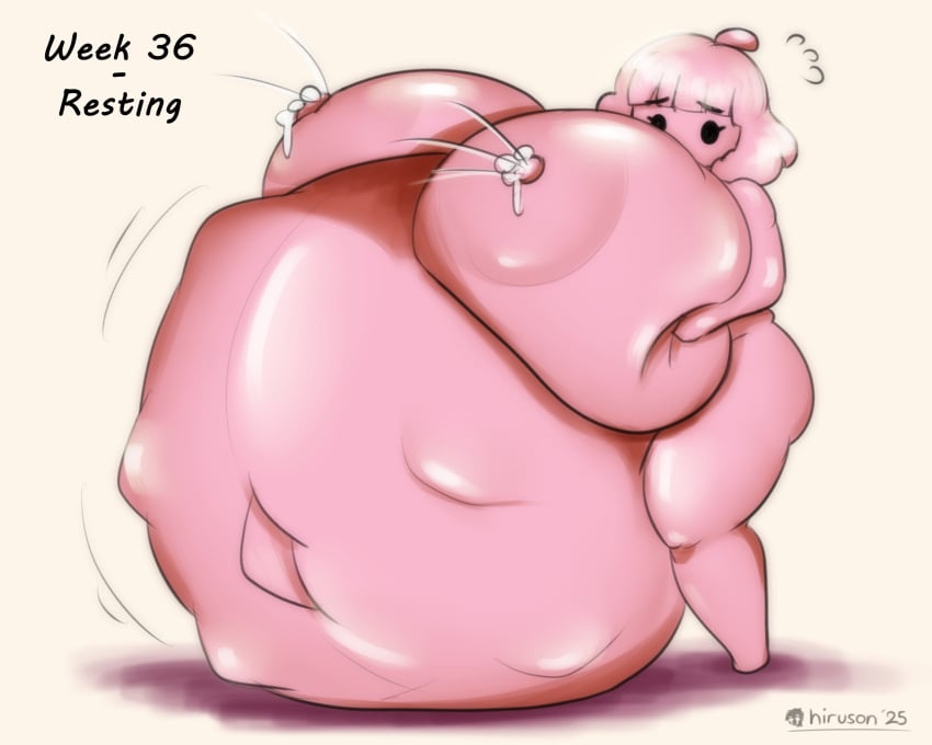 artist_name barefoot blush fetal_movement full_body giant_thicc_soft_gf_(hiruson) gigantic_belly gigantic_breasts hiruson hyper_pregnancy lactation original original_character pregnant sequence shocked standing thick_thighs wide_hips worried