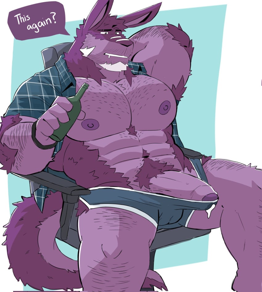 akidracokun anthro arm_hair armpit_hair barazoku beard belly_hair bodily_fluids body_hair bottle boxers_(clothing) chair chest_hair clothed clothing container cum cum_in_clothing cum_in_underwear cum_through_clothing cum_through_underwear facial_hair foreskin fur furniture genital_fluids genitals hairy happy_trail hi_res kangaroo leaking_precum leg_hair macropod male male/male mammal marsupial multicolored_body multicolored_fur muscular muscular_male nipples office_chair open_clothing open_shirt open_topwear penis precum pubes purple_body purple_fur ronan_(dragokun) shirt simple_background sitting solo topwear two_tone_body two_tone_fur uncircumcised underwear wet wet_clothing wet_underwear