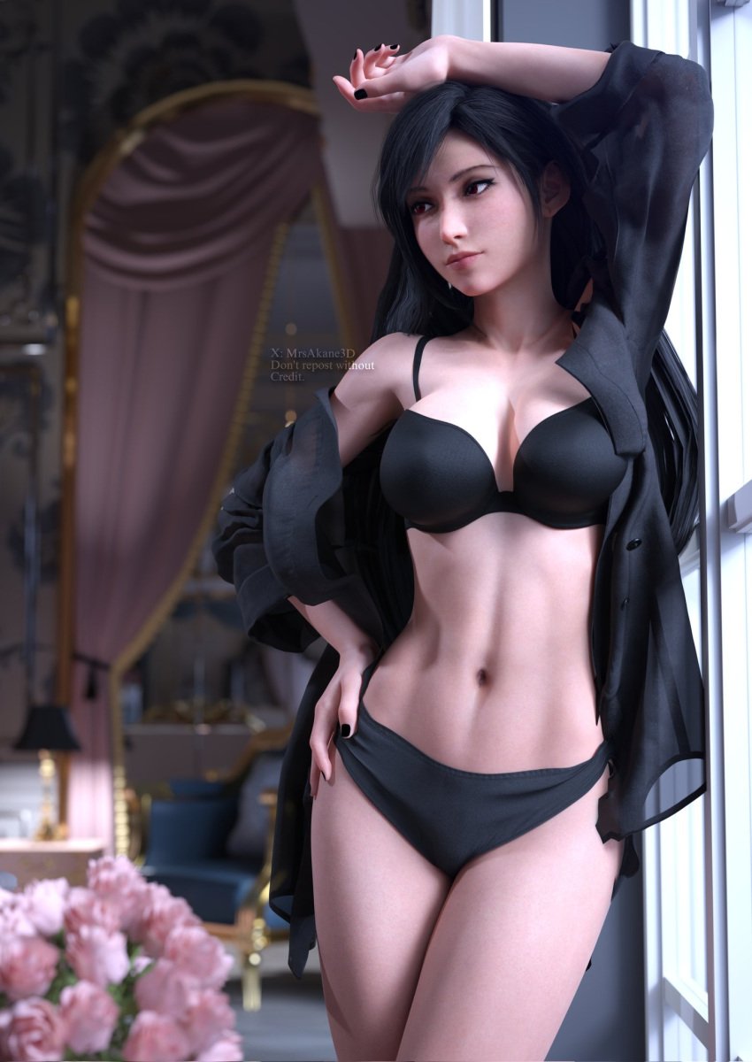 1girls 3d 3d_(artwork) 3d_model 3d_render against_window asian asian_female black_hair black_underwear blouse bra button_down_shirt clothed final_fantasy final_fantasy_vii final_fantasy_vii_rebirth final_fantasy_vii_remake fit fit_female highres hourglass_figure light-skinned_female light_skin living_room long_hair mornign mrs.akanes open_blouse painted_nails panties realistic red_eyes tifa_lockhart underwear window