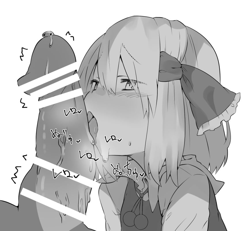 1boy bar_censor blush censored fellatio female greyscale hair_between_eyes hair_ribbon half-closed_eyes highres huge_cock kz_oji licking_penis monochrome open_mouth oral penis ribbon rumia saliva simple_background solo_focus tongue touhou upper_body white_background