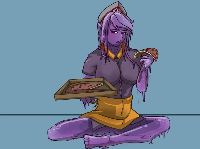 2017 arrwulf blush breasts clothed clothing dripping female food goo humanoid no_underwear pizza purple_goo purple_slime pussy simple_background uniform