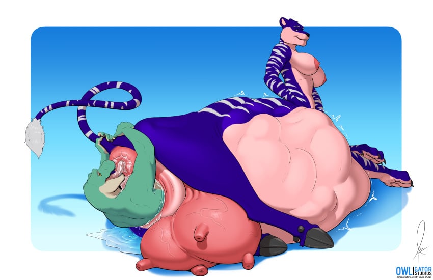 5_fingers absurd_res anal anthro anus areola belly bodily_fluids bovid bovid_taur bovine bovine_taur breasts breasts_and_udders cattle cattle_taur claws comic countershade_face countershade_torso countershading duo felid felid_taur female fingers genitals green_body hi_res hooves hybrid interspecies licking male male/female mammal mammal_taur nipples oral owligatorstudios pantherine pantherine_taur pussy quadruped rimming saliva saliva_on_anus saliva_on_tongue scalie sex tail tail_tuft taur teats tiger tiger_taur tongue tongue_out tuft udders unbirthing vaginal_penetration vein vore