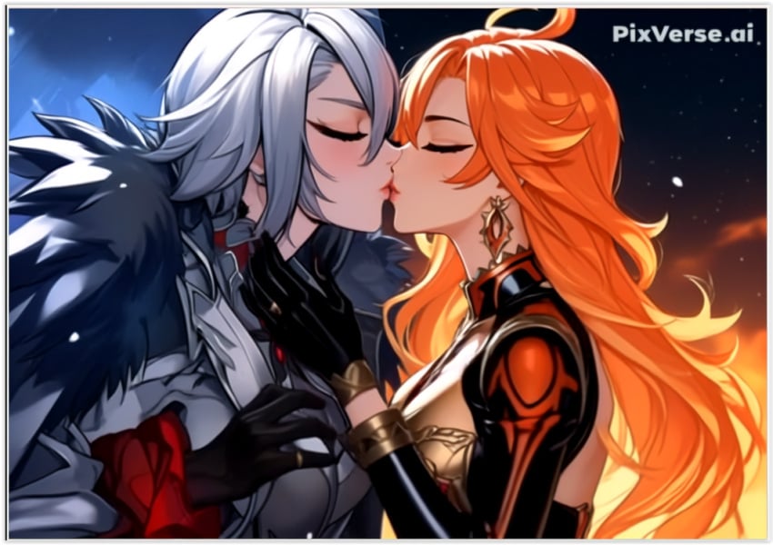 2girls 2women ai_generated arlecchino_(genshin_impact) female genshin_impact lesbian_couple lesbian_domination lesbian_focus lesbian_kiss mavuika_(genshin_impact) yuri