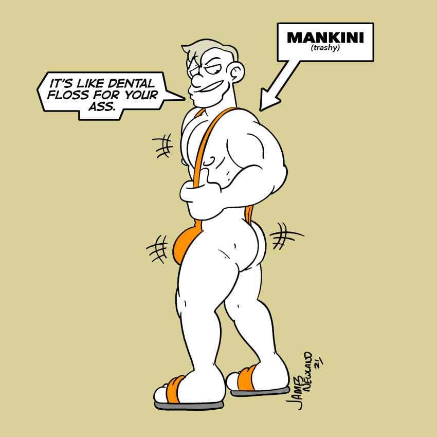 ass bara buff chat chat_box holding_mankini james_newland male male_only mankini mankini_ass_view muscular muscular_male orange_mankini sandals sexy shaking shaking_ass shaking_butt white_body
