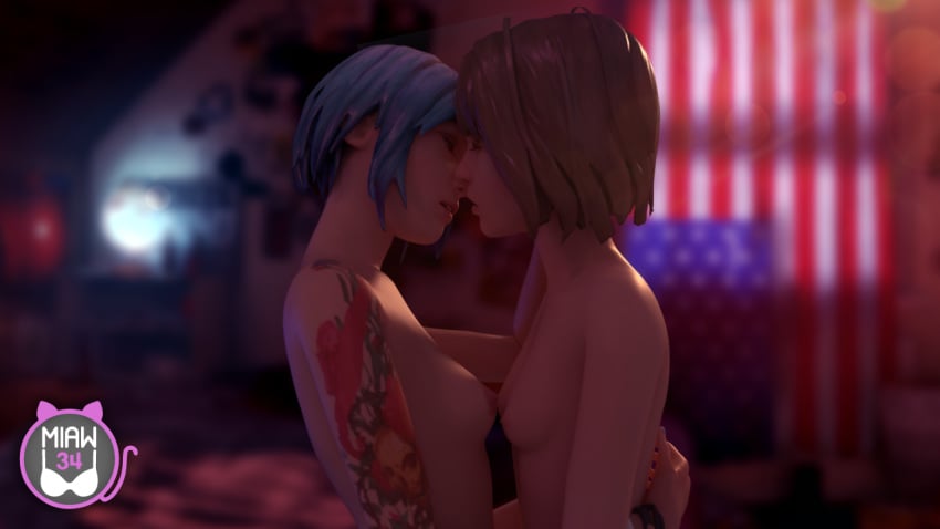 3d blender breasts chloe_price female imminent_kiss kissing life_is_strange max_caulfield miaw34 topless yuri