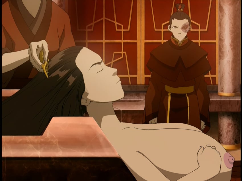 avatar_the_last_airbender azula big_breasts clothing edit fire_nation gigantic_breasts huge_breasts large_breasts nickelodeon nipples poivoit screenshot screenshot_edit topless zuko