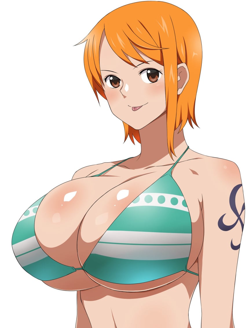 alone bare_shoulders bikini bikini_top blush breasts brown_eyes cleavage female female_only highres huge_breasts kagemusha large_breasts looking_at_viewer nami one_piece orange_eyes orange_hair shiny shiny_skin short_hair shounen_jump solo striped_bikini swimsuit tattoo tongue tongue_out upper_body