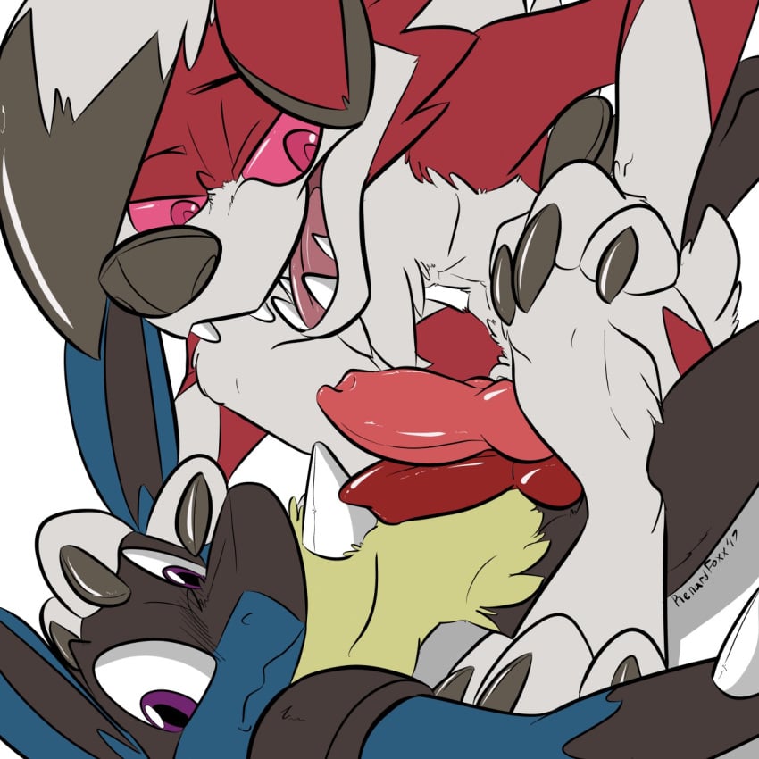 2017 2boys 3_fingers 3_toes animal_genitalia animal_penis anthro anthro_on_anthro barefoot better_version_at_source blue_fur canine canine_penis claws digital_media_(artwork) duo erection feet frottage fur furry gay hi_res interspecies knot lucario lycanroc male male_only mammal midnight_lycanroc multicolored_fur nintendo nude open_mouth penis penises_touching pokemon pokemon_(species) pokemon_dppt pokemon_sm purple_eyes red_eyes red_fur renardfoxx sex simple_background smile toe_claws toes tongue video_games white_fur