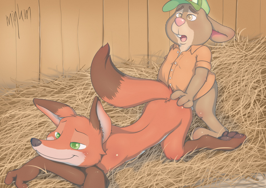 2boys alternate_version_available anal anal_sex barn blush bottomless canine clothed clothing disney fox gay hat hay lagomorph looking_pleasured male male_only mammal minum nick_wilde nude obese open_mouth overweight pastel penetration rabbit sex shirt stu_hopps yaoi zootopia