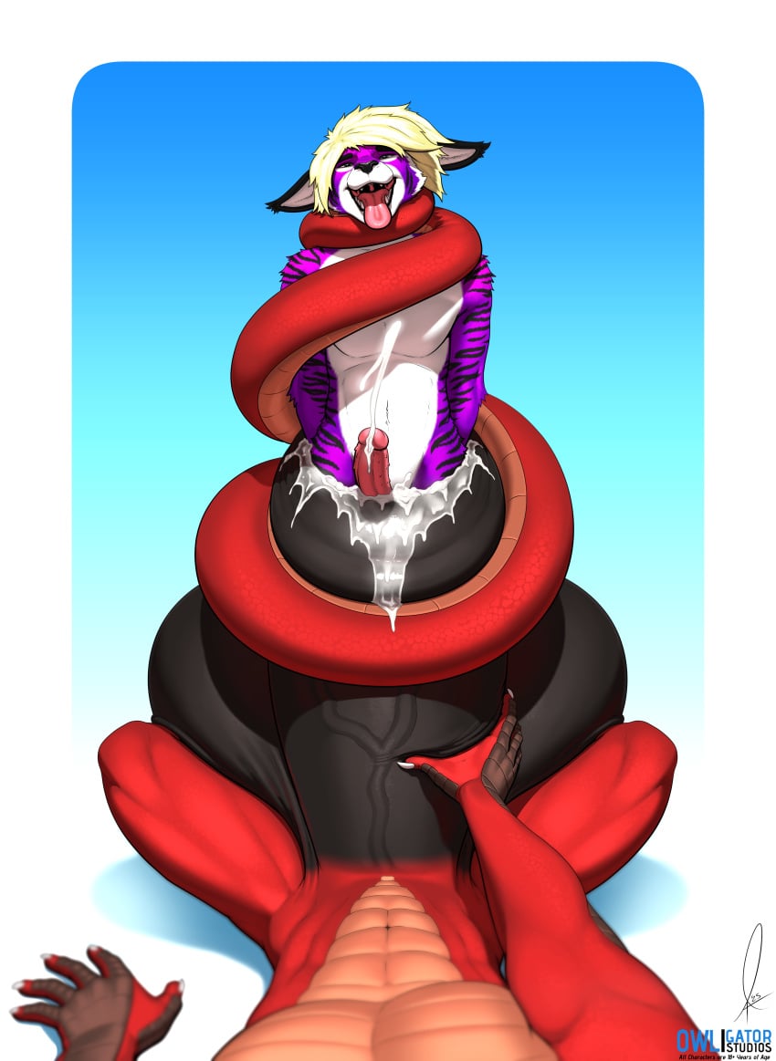 5_fingers absurd_res anthro anthro_on_anthro balls big_balls big_penis biped bodily_fluids cock_vore coiling comic cum cumshot dragon duo ejaculation erection felid feline fingers fur genital_fluids genitals hair hi_res huge_balls huge_cock hyper hyper_balls hyper_genitalia hyper_penis interspecies kittychance large_penis male male/male mammal mythological_creature mythological_scalie mythology open_mouth open_smile owligatorstudios penile penis purple_body purple_fur scalie smile tail tail_coil tongue tongue_out vein veiny_penis vore
