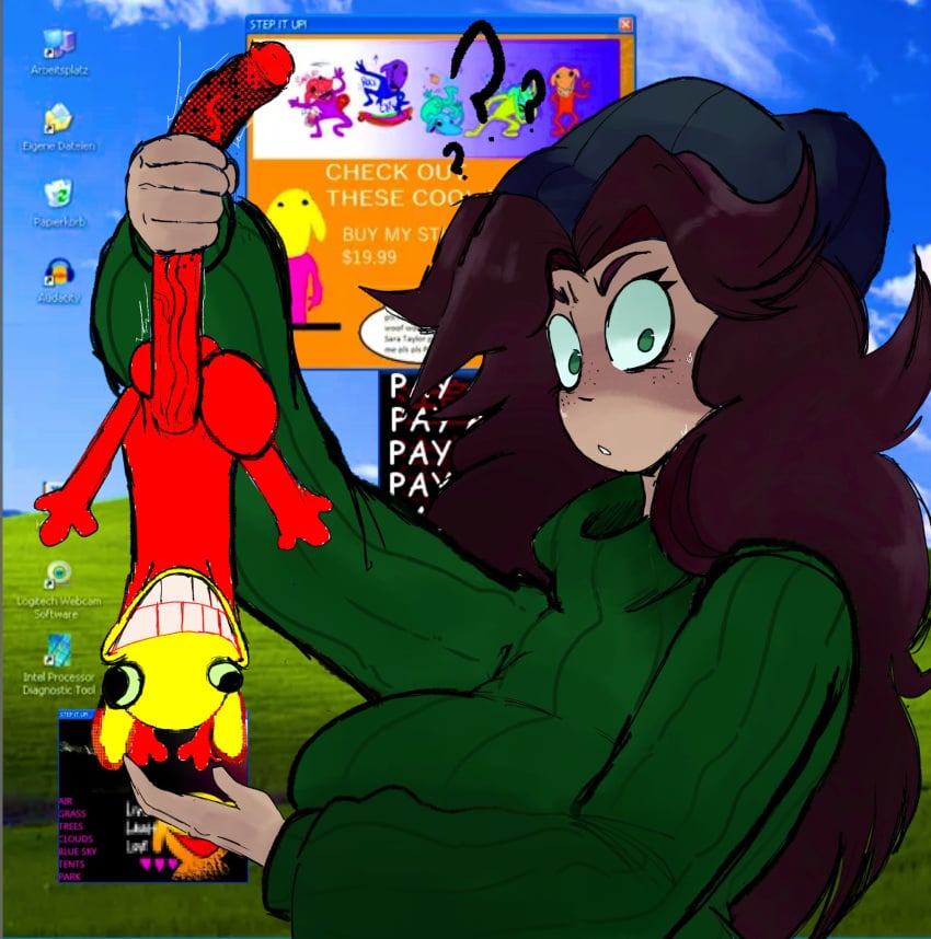 beanie cartoony charlesisok confused confused_look creepypasta fakdog_(step_right_up) freckles freckles_on_face friday_night_funkin friday_night_funkin_mod german_text gesturing_at_viewer green_sweater holding_penis hyper hyper_dick logitech looking_at_viewer pop_up purple_hair question_mark red_body sara_taylor small_but_hung smaller_male smile.dog smile_dog step_right_up:_adventure_isle windows_xp