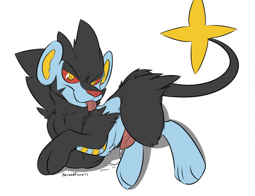 2017 black_fur blue_fur cum erection feline feral fur luxray male male_only mammal nintendo nude penis pokémon_(species) pokemon pokemon_(species) red_sclera renardfoxx simple_background smile solo tongue video_games yellow_eyes yellow_fur