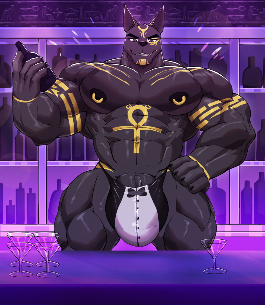 abs anatake anthro anubian_jackal anubis areola biceps big_muscles black_areola black_body black_bottomwear black_clothing black_eyebrows black_nipples black_nose bottle bottomwear bulge canid canine canis clothing cocktail_glass container cup deity digital_media_(artwork) drinking_glass egyptian egyptian_mythology eyebrows fingers flaccid glass glass_container glass_cup gold_(metal) gold_jewelry gold_markings hand_on_hip hi_res holding_bottle holding_container holding_object inside jackal jewelry looking_at_viewer male male_only mammal markings middle_eastern_mythology muscular muscular_anthro muscular_male mythology nipple_piercing nipples pecs piercing purple_eyes smile smiling_at_viewer solo solo_male standing teeth wolfblack2543 wolfblack43