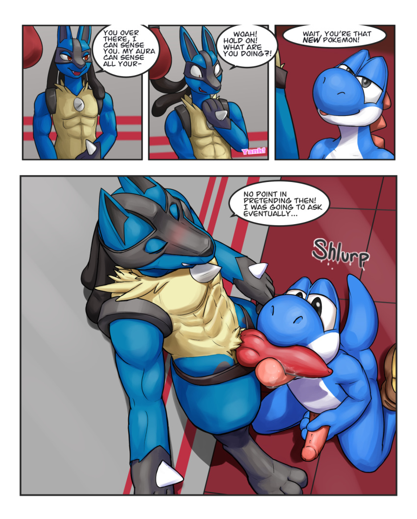 2017 2boys animal_genitalia animal_penis anthro anthro_on_anthro blue_yoshi canine_penis comic crossover dialogue duo english_text erection fellatio furry gay gym hi_res humanoid_penis interspecies knot licking lucario male male_only mario_(series) masturbation nintendo oral penile_masturbation penis penis_lick poképhilia pokemon pokemon_(species) reptile scalie sex smile speech_bubble tala128 text tongue tongue_out video_games yoshi