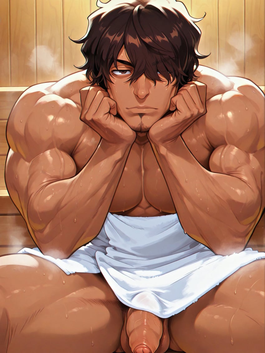 1boy abs ai_generated balls bara baraboys bleach bleach:_the_thousand-year_blood_war brown-skinned_male brown_eyes brown_skin exhibitionism exhibitionist exposed_penis flaccid flaccid_penis glans hair_over_one_eye hands_on_chin hands_on_face indoors large_penis latino looking_at_viewer male male_only medium_hair muscular muscular_male pecs penis penis_out posing sauna solo solo_focus solo_male spread_legs sweat testicles towel towel_around_waist wavy_hair yasutora_sado younger_male