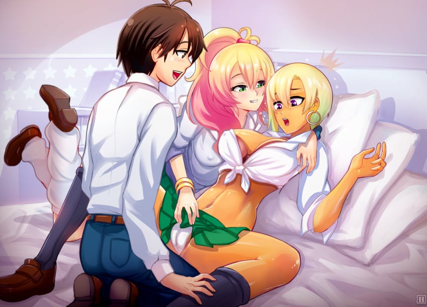 1boy 2girls bed bedroom clothed dark-skinned_female dark_skin ffm_threesome gyaru hajimete_no_gal hashiba_junichi hmage indoors light-skinned_female light-skinned_male light_skin pillows ranko_honjou room threesome white_panties yame_yukana