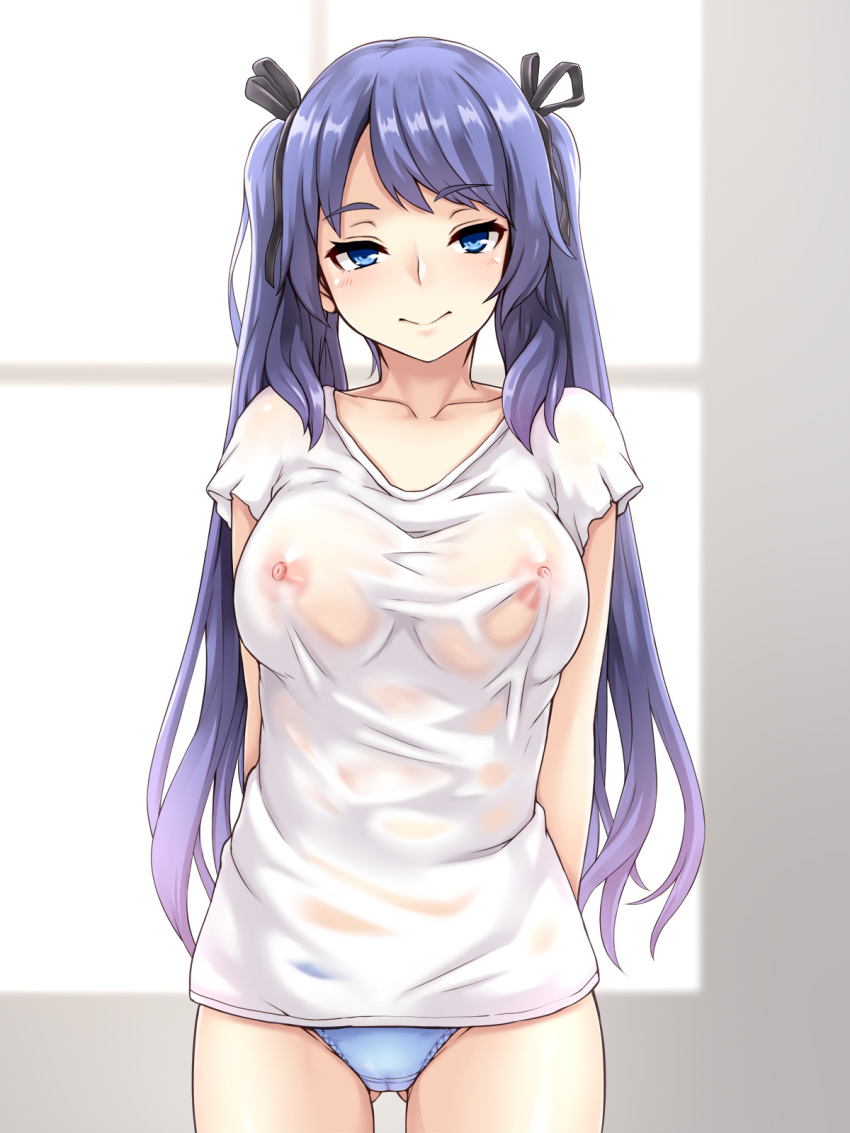 areolae arms_behind_back blue_eyes blue_hair blue_panties breasts cameltoe collarbone female hair_ribbon highres john_doe_shinobu long_hair medium_breasts nipples no_bra no_pants original panties ribbon see-through shirt smile solo t-shirt twintails underwear wet wet_clothes white_shirt