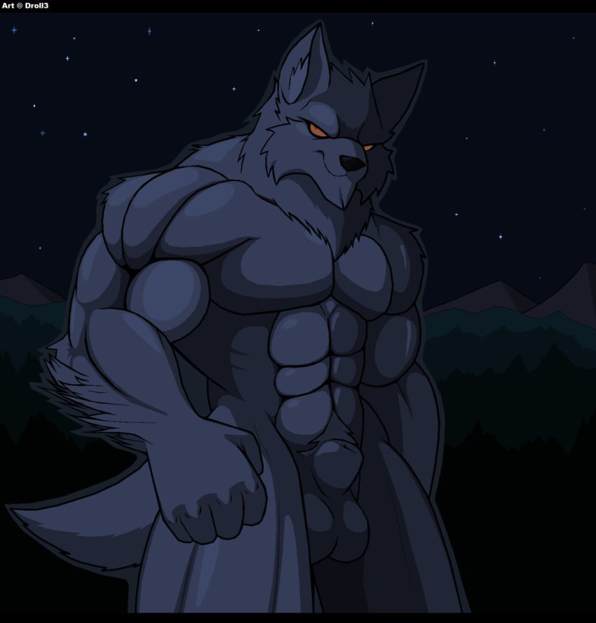 1boy 2017 abs animal_genitalia anthro anthro_only balls biceps big_balls big_muscles canine casual_nudity droll3 forest fur furry grey_fur male male_only mammal manly muscular muscular_male night no_humans nude outdoors pecs quads red_sclera sheath solo starry_night starry_sky tree were werewolf