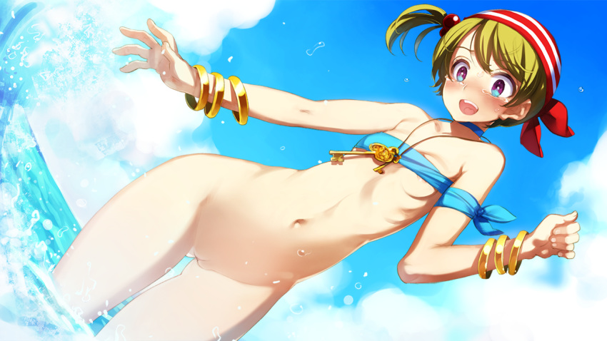 :d areola_slip areolae bandana bangle beach bikini_top billy_the_kid_(eiyuu_senki) blue_eyes blue_sky blush bottomless bracelet breasts cloud color day decensored dutch_angle eiyuu_senki embarrassed enf eyebrows_visible_through_hair female female_only functionally_nude game_cg gluteal_fold green_hair jewelry key looking_at_viewer navel ooyari_ashito open_mouth outdoors photoshop pussy short_hair sky small_breasts smile solo standing stomach tears uncensored wardrobe_malfunction water