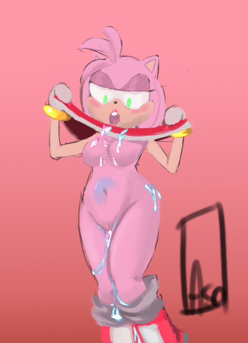 amy_rose asomium breasts clothing colored_cum cum cum_in_pussy cum_inside dress female hedgehog mammal open_mouth pussy solo sonic_(series) unusual_cum