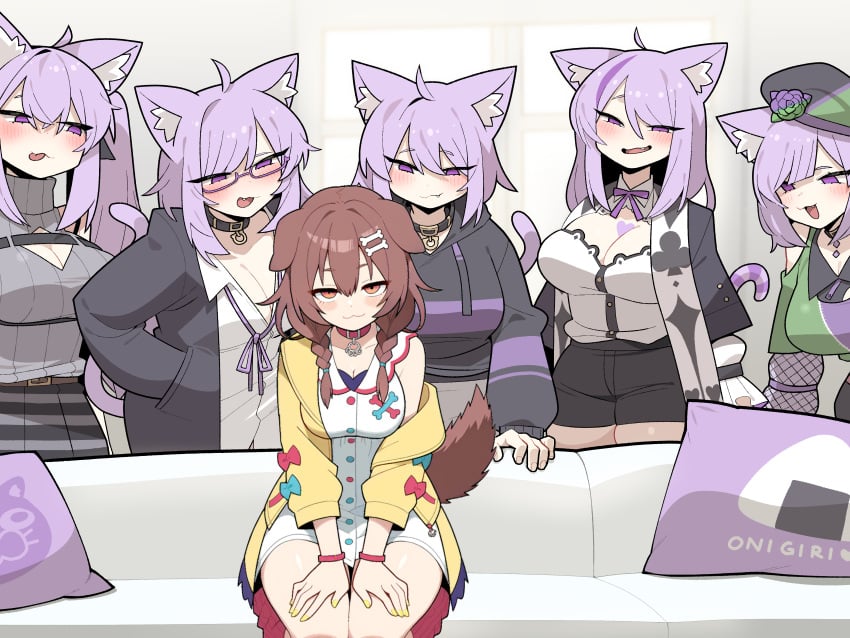 6girls :3 animal_ear_fluff animal_ears beret black_hoodie brown_eyes brown_hair cat_ears cat_tail catgirl clone cocomayo29 colored_nails couch dog_ears dog_tail doggirl drawstring female half-closed_eyes hat hololive hololive_gamers hololive_japan hood imminent_sex indoors inugami_korone loose_neck_ribbon meme multiple_girls naughty_face neck_ribbon nekomata_okayu oerba_yun_fang off_shoulder pillow piper_perri_surrounded purple_eyes purple_hair purple_ribbon rape_face ribbon short_hair sitting standing tail tomato_(kikikiko84) virtual_youtuber white_shirt yellow_coat yellow_fingernails yuri