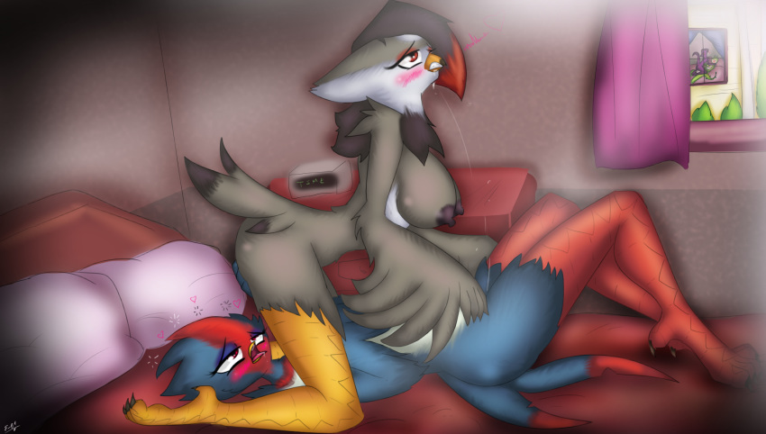 2017 3_toes anisodactyl anthro arbok areola avian barefoot beak bed bird black_feathers black_nipples blue_feathers blush breasts claws dickgirl digital_media_(artwork) duo e-01 feathered_wings feathers feet female futa_on_female grey_feathers heart inside intersex intersex/female nintendo nipples nude on_bed open_mouth orgasm pokémon_(species) pokemon pussy_juice pussy_juice_string red_eyes red_feathers saliva serperior simple_background staraptor swellow toe_claws toes tongue tongue_out video_games white_feathers wings yuri