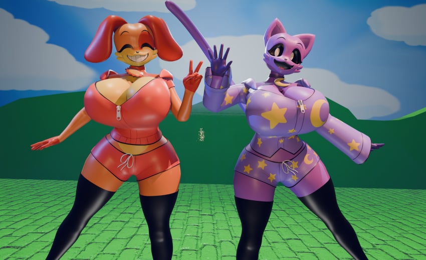 2girls 3d 3d_(artwork) background big_breasts blender_(software) breasts cat_girl cat_tail catnap_(poppy_playtime) cleavage closed_eyes clothed coolestanon critters_(poppy_playtime) dog_girl dog_tail dogday_(poppy_playtime) dorthy_(theycallhimcake) female furry furry_female furry_only happy nilly_(theycallhimcake) no_humans no_nudity pajama_pants pajama_shirt poppy_playtime smiling_critters stockings theycallhimcake thighhighs v_sign