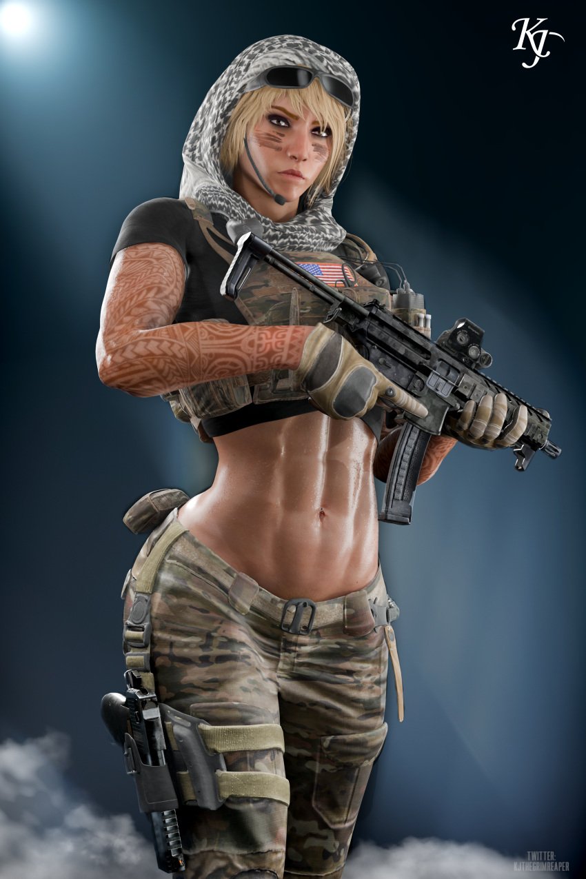1girls abs american american_flag angry_expression angry_face athletic_female blender blender_eevee blonde_female blonde_hair bulletproof_vest clothed clothed_female clothing desert_eagle disinterested emotionless emotionless_female eye_black eyebrows face_paint female female_only gun hazel_eyes indifference indifferent kjthegrimreaper meghan_castellano muscle_girl muscle_mommy muscle_tone muscles no_nude pants pistol pouch pouches rainbow_six_siege rim_light scarf shemagh short_hair simple_background soldier soldier_uniform solo solo_focus straps strong_female strong_woman submachine_gun sunglasses sunglasses_on_head sweat sweatdrop sweating sweaty sweaty_belly sweaty_body tactical_gear tactical_gloves tactical_vest tattoo tattoo_on_arm tattooed_arm tattoos tomboy unbothered uncaring unenthusiastic valkyrie_(rainbow_six) watermark wholesome